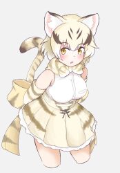 1girl animal_ears animal_print arms_behind_back back_bow bare_shoulders blonde_hair blush bow bowtie brown_hair cat_ears cat_girl cat_print cat_tail cowboy_shot elbow_gloves extra_ears frilled_skirt frills gloves hair_between_eyes high-waist_skirt highres kemono_friends korin_589 leaning_in multicolored_hair open_mouth pleated_skirt print_bow print_bowtie print_gloves print_skirt sand_cat_(kemono_friends) shirt short_hair sidelocks skirt sleeveless solo tail white_shirt yellow_bow yellow_bowtie yellow_eyes yellow_gloves yellow_skirt