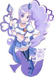 Rule 34 | 1girl, absurdres, aono miki, belly, berry sword, black thighhighs, blue choker, blue footwear, blue skirt, boots, bow, breasts, brooch, choker, clover, clover print, crop top, cure berry, unworn earring, fresh precure!, full moon, hair ornament, hairclip, heart, heart hair ornament, highres, jewelry, kebab (blackdoll), long hair, magical girl, midriff, moon, navel, open mouth, precure, puffy short sleeves, puffy sleeves, short sleeves, side ponytail, skirt, small breasts, solo, spade (shape), thighhighs, very long hair, white background