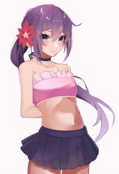 Rule 34 | 1girl, akebono (kancolle), bandeau, bell, cowboy shot, crop top, flower, hair bell, hair flower, hair ornament, highres, jingle bell, kantai collection, kozu (bloomme1 me), long hair, looking at viewer, midriff, navel, one-piece swimsuit, pink bandeau, pink one-piece swimsuit, pleated skirt, purple eyes, purple hair, side ponytail, skirt, stomach, swimsuit, very long hair, white background