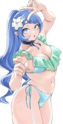 Rule 34 | 1girl, absurdres, bikini, blue bikini, blue eyes, blue hair, blue ribbon, boku no hero academia, breasts, cleavage, fengling (furin-jp), flower, hadou nejire, hair flower, hair ornament, hands up, highres, large breasts, long hair, looking at viewer, navel, ponytail, ribbon, simple background, solo, swimsuit, v, white background