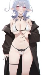 Rule 34 | 1girl, ahoge, bare shoulders, bikini, blush, breasts, cameltoe, cleavage, coat, cowboy shot, double v, gluteal fold, grey nails, groin, hair between eyes, highres, jewelry, large breasts, licking lips, long sleeves, looking at viewer, multi-strapped bikini bottom, necklace, open clothes, original, partially visible vulva, pointy ears, red eyes, sencha bashira, simple background, skindentation, smile, solo, standing, stomach, swimsuit, thigh strap, thighs, tongue, tongue out, v, white background, white bikini