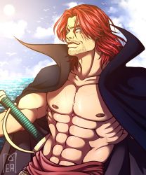 Rule 34 | 1boy, abs, amputee, beard, bird, black cape, cape, cloud, facial hair, grey eyes, highres, looking at viewer, male focus, mature male, muscular, muscular arms, muscular male, ocean, one piece, red hair, resized, scar, seagull, shanks (one piece), unworn shirt, sky, smile, solo, sun, sword, third-party edit, weapon