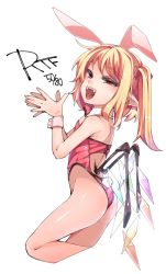 Rule 34 | 1girl, alternate costume, animal ears, ass, bare legs, bare shoulders, blonde hair, blush, cropped legs, detached collar, fangs, flandre scarlet, half-closed eyes, highleg, highleg leotard, leotard, long hair, looking at viewer, own hands together, playboy bunny, pointy ears, rabbit ears, red eyes, red leotard, shamo (koumakantv), side ponytail, simple background, solo, touhou, white background, wings, wrist cuffs