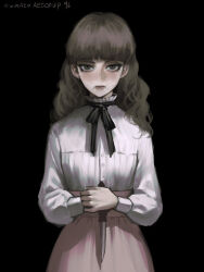 Rule 34 | 1girl, black background, black ribbon, brown eyes, brown hair, cowboy shot, fear &amp; hunger, fear &amp; hunger 2: termina, frilled shirt collar, frills, highres, holding, holding knife, knife, long hair, long sleeves, looking at viewer, marina, mouth piercing, own hands together, pink skirt, ribbon, shirt, simple background, skirt, solo, standing, tomatoketchup96, twitter username, white shirt