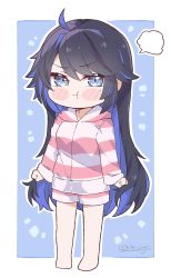 Rule 34 | 1girl, blue background, blue eyes, blue hair, border, chibi, clenched hands, colored inner hair, hair behind ear, highres, hood, hoodie, indie virtual youtuber, kson, kson (2nd costume), kukie-nyan, mole, mole under eye, multicolored hair, pout, shorts, solo, souchou, striped clothes, striped hoodie, striped shorts, twitter username, v-shaped eyebrows, virtual youtuber, white border