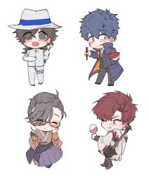 Rule 34 | 4boys, :d, :q, :t, ;q, ^ ^, ahoge, alcohol, black eyes, black footwear, black gloves, black jacket, black pants, black sash, blue coat, blue hair, blush, bowl, brown eyes, brown kimono, brown shirt, brown socks, chibi, chopsticks, closed eyes, coat, collared coat, collared shirt, cup, dragon print, dress shirt, drinking glass, drooling, earclip, earrings, eyebrow cut, fate/grand order, fate (series), fedora, fork, full body, gloves, hair between eyes, hair over one eye, hair pulled back, hakama, hand on own cheek, hand on own face, hat, highres, holding, holding bowl, holding chopsticks, holding cup, holding fork, holding plate, holding spoon, instrument, instrument on back, jacket, japanese clothes, jewelry, kimono, long hair, looking at viewer, low ponytail, male focus, masaki (star8moon), mouth drool, multiple boys, no pupils, one eye closed, open mouth, pants, partially fingerless gloves, plate, purple hakama, red eyes, red hair, saitou hajime (fate), sakamoto ryouma (fate), sandals, sash, shamisen, shirt, shoes, short hair, single glove, smile, socks, spoon, suit jacket, takasugi shinsaku (fate), takasugi shinsaku (first ascension) (fate), tongue, tongue out, v-shaped eyebrows, white background, white gloves, white headwear, white jacket, white pants, white shirt, wine, wine glass, yamanami keisuke (fate), zouri