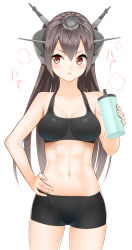 Rule 34 | 10s, 1girl, abs, bike shorts, blush, bottle, breasts, brown eyes, brown hair, cleavage, hairband, hand on own hip, heavy breathing, kantai collection, long hair, midriff, nagato (kancolle), navel, parted lips, solo, sports bra, sweat, water bottle, yasuto (eria151)