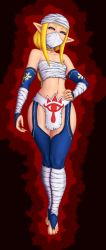 Rule 34 | 1girl, bandages, bare shoulders, barefoot, blonde hair, blue eyes, breasts, bridal gauntlets, chaps, choker, collaboration, colorized, cosplay, hand on own hip, highres, lm (legoman), loincloth, long hair, low-tied long hair, mask, mouth mask, narrow waist, navel, nintendo, pointy ears, sarashi, sheik, sheik (cosplay), small breasts, solo, soubriquetrouge, the legend of zelda, the legend of zelda: ocarina of time, the legend of zelda: skyward sword, thighs, toeless legwear, toes, turban, wide hips
