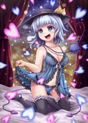 Rule 34 | 1girl, babydoll, bare arms, black thighhighs, blue hair, blue panties, blush, breasts, cleavage, collarbone, curtains, frilled thighhighs, frills, gradient eyes, hat, hat ribbon, heart, highres, kneeling, komeiji koishi, lingerie, looking at viewer, medium breasts, multicolored eyes, navel, negligee, no shoes, on bed, open mouth, panties, ribbon, sakatsu ohane, short hair, sky, solo, star (sky), starry sky, thighhighs, third eye, touhou, underwear, underwear only, window