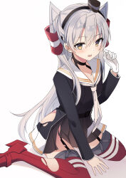 Rule 34 | 1girl, absurdres, amatsukaze (kancolle), ass, black dress, blush, dress, fathom, gloves, grey hair, hair between eyes, hair tubes, highres, kantai collection, long hair, long sleeves, open mouth, red thighhighs, sailor collar, sailor dress, simple background, single glove, solo, thighhighs, torn clothes, torn dress, torn thighhighs, two side up, white background, white sailor collar, yellow eyes