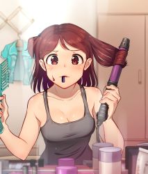 Rule 34 | 1girl, aoba misaki, bare arms, bare shoulders, blue shirt, blush, breasts, cleavage, clothes hanger, collarbone, comb, commentary request, curling iron, female pov, hair rollers, hairdressing, holding, holding comb, idolmaster, idolmaster million live!, idolmaster million live! theater days, indoors, kamille (vcx68), looking at viewer, medium breasts, military, military vehicle, mirror, motor vehicle, mouth hold, one side up, parted bangs, parted lips, pov, purple eyes, red hair, reflection, shirt, short hair, sleeveless, solo, sparkle, sweatdrop, tank, tareme, upper body, v-shaped eyebrows