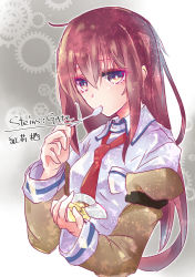 Rule 34 | 1girl, brown hair, commentary request, dress shirt, food, gears, jacket, long hair, looking at viewer, makise kurisu, meguri uguisu, necktie, off shoulder, pudding, purple eyes, red necktie, shirt, solo, spoon, steins;gate, translation request, utensil in mouth