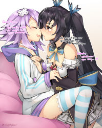 Rule 34 | 2girls, bare shoulders, between legs, black hair, blue ribbon, blush, breasts, choker, cleavage, closed eyes, d-pad, d-pad hair ornament, detached collar, detached sleeves, english text, ge-b, hair ornament, hair ribbon, hand on another&#039;s chest, highres, hood, hooded jacket, imminent kiss, jacket, long hair, medium breasts, multiple girls, neptune (neptunia), neptune (series), noire (neptunia), open mouth, purple hair, red eyes, ribbon, ribbon-trimmed skirt, ribbon trim, short hair, skirt, small breasts, striped clothes, striped legwear, striped thighhighs, thighhighs, tsundere, twintails, very long hair, white choker, white skirt, yuri