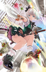Rule 34 | 1girl, architecture, belt, black footwear, black hairband, blue eyes, crossed belts, cup, dango, east asian architecture, food, green jacket, green skirt, hairband, highres, holding, holding sword, holding weapon, jacket, konpaku youmu, konpaku youmu (ghost), l.f., looking at viewer, plate, shirt, shoelaces, shouji, skirt, sliding doors, socks, spilling, sword, touhou, wagashi, weapon, white hair, white shirt, white socks