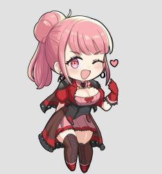Rule 34 | 1girl, ;d, armor, blunt bangs, blush, boots, breasts, chibi, cleavage, cross-laced footwear, desspie, earrings, female focus, fire emblem, fire emblem: three houses, fire emblem warriors, fire emblem warriors: three hopes, gloves, grey background, hand up, heart, highres, hilda valentine goneril, jewelry, lace-up boots, large breasts, long hair, looking at viewer, nintendo, official alternate hairstyle, one eye closed, open mouth, pink eyes, pink hair, pink skirt, pleated skirt, ponytail, puffy short sleeves, puffy sleeves, red gloves, short sleeves, shoulder armor, simple background, skirt, smile, solo, thigh boots, thighhighs, thighs, wink, zettai ryouiki