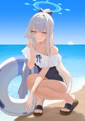 Rule 34 | 1girl, absurdres, bare arms, bare legs, bare shoulders, bburi, beach, black one-piece swimsuit, blue archive, blue halo, blush, closed mouth, day, feet, frilled one-piece swimsuit, frills, full body, grey hair, halo, highres, innertube, knees together feet apart, legs, long hair, miyako (blue archive), miyako (swimsuit) (blue archive), ocean, off-shoulder one-piece swimsuit, off shoulder, official alternate costume, one-piece swimsuit, outdoors, ponytail, purple eyes, sandals, smile, solo, squatting, swim ring, swimsuit, toes