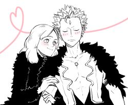 Rule 34 | 1boy, 1girl, abs, arm hug, bad id, bad pixiv id, black clover, blush, commentary request, couple, closed eyes, fana (human) (black clover), fur trim, hetero, highres, kazami (wk), looking at another, mars (black clover), medium hair, muscular, open clothes, open shirt, partially colored, spiked hair, spot color