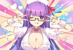Rule 34 | 1girl, bb (bb shot!) (fate), bb (fate), black-framed eyewear, blush, breasts, choker, cleavage, closed mouth, collarbone, double w, dress, emotional engine - full drive, fate/extra, fate/extra ccc, fate/grand order, fate (series), glasses, hair ribbon, hands up, hat, heart, heart-shaped pupils, large breasts, licking lips, long hair, looking at viewer, nurse, nurse cap, one eye closed, parody, partially unbuttoned, pink ribbon, purple eyes, purple hair, rainbow background, ribbon, semi-rimless eyewear, short sleeves, smile, solo, sparkle, symbol-shaped pupils, tongue, tongue out, very long hair, vivi (eve no hakoniwa), w, white choker, white dress, white hat, wrist cuffs