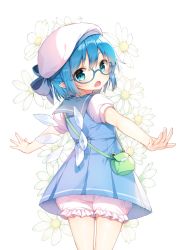 Rule 34 | 1girl, :o, adapted costume, bad id, bad pixiv id, beret, bespectacled, bloomers, blue-framed eyewear, blue bow, blue eyes, blue hair, blush, bow, cirno, cowboy shot, daisy, floral background, flower, from behind, glasses, hair bow, hat, ice, ice wings, looking at viewer, looking back, matching hair/eyes, open mouth, outstretched arms, pointy ears, pouch, puffy short sleeves, puffy sleeves, sailor collar, semi-rimless eyewear, shnva, short sleeves, simple background, solo, spread arms, standing, touhou, under-rim eyewear, underwear, white background, white hat, wings
