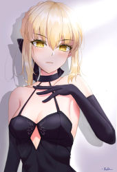 Rule 34 | 1girl, artoria pendragon (all), artoria pendragon (fate), black choker, black gloves, blonde hair, blush, breasts, choker, cleavage, closed mouth, collarbone, elbow gloves, fate/stay night, fate (series), gloves, grey background, hair between eyes, highres, medium breasts, saber alter, sidelocks, signature, solo, upper body, xude