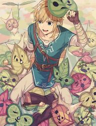 Rule 34 | blue eyes, blue tunic, boots, brown pants, earrings, ebira, fingerless gloves, gloves, jewelry, korok, leather, leather boots, light brown hair, link, mask, nintendo, pants, pointy ears, short hair, sidelocks, sitting, smile, surrounded, the legend of zelda, the legend of zelda: breath of the wild