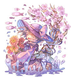 Rule 34 | 1girl, blue neckerchief, blush, bouquet, cherry blossoms, closed eyes, daisy, fish, floral print, flower, frills, hat, hat ribbon, holding, holding bouquet, komeiji koishi, medium hair, neckerchief, open mouth, petals, puddle, ribbon, rose, sailor collar, sekisei (superego51), shirt, skirt, sleeves past wrists, smile, third eye, touhou, tree, tulip, upper body, water, white background
