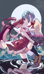 Rule 34 | 2girls, absurdres, black bow, black socks, black thighhighs, blue hair, blush, bow, brown footwear, carrying, carrying person, closed eyes, dress, forehead-to-forehead, full moon, hand on back, hands on another&#039;s shoulders, heads together, highres, kneehighs, loafers, long hair, mahou shoujo madoka magica, mahou shoujo madoka magica (anime), medium hair, miki sayaka, mitakihara school uniform, moon, multiple girls, night, red dress, red hair, red skirt, sakura kyoko, school uniform, shoes, skirt, smile, socks, thighhighs, thighs, wading, water, yooki (winter cakes)