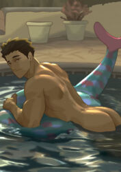 Rule 34 | 1boy, absurdres, alternate body size, alternate hairstyle, ass, back, biceps, brown eyes, flower pot, haikyuu!!, highres, inflatable fish, inflatable toy, light smile, male focus, muscular, muscular male, photo-referenced, plant, pool, potted plant, sawamura daichi, simonsuke