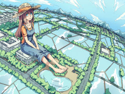 Rule 34 | 1girl, barefoot, blue eyes, brown hair, day, giant, giantess, hat, long hair, looking up, original, overalls, reflection, shirt, sitting, sky, smile, solo, straw hat, t-shirt, water
