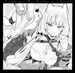 1girl :3 absurdres animal_ears arknights bell blush bow breasts closed_mouth commentary full_body greyscale hairband harmonie_(arknights) harmonie_(decoration)_(arknights) heart highres jingle_bell kneehighs kogaciel large_breasts long_hair long_sleeves looking_at_viewer lying monochrome neck_bell official_alternate_costume on_stomach shoe_soles shoes smile socks solo strap the_pose