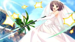 Rule 34 | 10s, 1girl, brown eyes, brown hair, dress, elbow gloves, game cg, gloves, highres, kitami minamo, koutaro, open mouth, short hair, tropical kiss, tropical vacation, twinkle (company), wedding dress