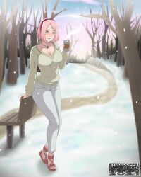 Rule 34 | 1girl, absurdres, blush, breasts, cleavage, green eyes, haruno sakura, highres, large breasts, naruto (series), open mouth, pink hair, short hair, snow, solo, studio oppai