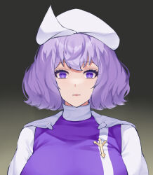 Rule 34 | 1girl, aroevela, black background, closed mouth, commentary, gradient background, highres, lapel pin, letty whiterock, looking at viewer, purple eyes, purple hair, short hair, solo, touhou, upper body, white headwear