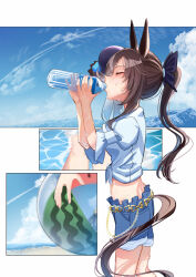 Rule 34 | 1girl, alternate hairstyle, animal ears, ball, beach, beachball, blue shorts, bottle, brown hair, caustics, closed eyes, clothing cutout, cloud, contrapposto, drinking, hands up, hat, holding, holding bottle, horse ears, horse girl, horse tail, long hair, midriff, multiple views, ocean, outdoors, ponytail, purple headwear, rice shower (umamusume), shirt, short sleeves, shorts, soaking feet, standing, sweat, tail, tail through clothes, tied shirt, umamusume, water, water bottle, white shirt, yomean!