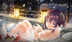 Rule 34 | 1girl, alcohol, bare tree, blue scrunchie, blush, breasts, brown hair, choko (cup), cleavage, collarbone, commentary request, covering privates, cup, food, hair ornament, hair scrunchie, highres, knees up, lantern, looking at viewer, looking to the side, medium breasts, night, nude cover, onsen, original, outdoors, parted lips, partially submerged, ponytail, sake, scrunchie, shiro kuma shake, sidelocks, snow, snowing, solo, steam, tokkuri, towel, tray, tree, water, wet