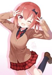 Rule 34 | 10s, 1girl, 2017, ;d, arms up, artist name, bat hair ornament, black shirt, black socks, blush, brown footwear, capriccio, cardigan, checkered clothes, checkered skirt, collared shirt, commentary, cross, dated, double v, fang, gabriel dropout, hair between eyes, hair ornament, hair rings, heart, hibanar, inverted cross, kneehighs, loafers, looking at viewer, one eye closed, open mouth, pink eyes, plaid, plaid skirt, pleated skirt, polka dot, polka dot background, red hair, red skirt, satanichia kurumizawa mcdowell, shirt, shoes, signature, skirt, sleeves past wrists, smile, socks, solo, v