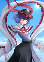 Rule 34 | 1girl, black headwear, black skirt, bow, capelet, closed mouth, cloud, commentary request, frilled capelet, frilled shawl, frills, hat, hat bow, highres, kyabekko, long sleeves, looking at viewer, nagae iku, outdoors, red bow, red eyes, shawl, shirt, skirt, smile, sun, touhou, white shirt