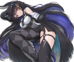 Rule 34 | 1girl, black dress, black hair, black sleeves, black thighhighs, blue hair, breasts, clothing cutout, collared shirt, colored inner hair, dress, fur-trimmed sleeves, fur trim, highres, hololive, hololive english, large breasts, low wings, lying, mole, mole under eye, multicolored hair, nerissa ravencroft, o-ring, o-ring thigh strap, on side, red eyes, redundant-cat, shirt, shoulder cutout, smile, solo, thigh strap, thighhighs, virtual youtuber, white background, white shirt, wings