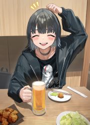 Rule 34 | 1girl, absurdres, alcohol, bag, beer, beer mug, black collar, black hair, black jacket, chopsticks, closed mouth, collar, cup, douryou (buta5813), earrings, eyebrows hidden by hair, food, highres, jacket, jewelry, mug, open mouth, original, plate, scratching head, signature, smile, solo, tetto (onnoveltet), upper body