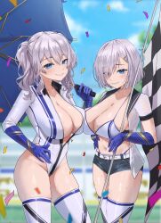 Rule 34 | 2girls, alternate costume, archinoer, bikini, black shorts, blue eyes, blue gloves, blue sky, breasts, cleavage, commentary, commission, confetti, elbow gloves, english commentary, eyes visible through hair, flag, gloves, grey hair, hair between eyes, hair ornament, hair over one eye, hairclip, hamakaze (kancolle), hand on own hip, highleg, highleg leotard, highleg panties, highres, holding, holding flag, holding umbrella, kantai collection, kashima (kancolle), large breasts, leotard, long hair, looking at viewer, multiple girls, navel, outdoors, panties, partially unzipped, race queen, short hair, short shorts, shorts, sky, smile, swimsuit, thighhighs, twintails, umbrella, underwear, white bikini, white leotard, white thighhighs, zipper leotard