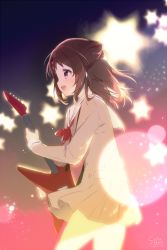 Rule 34 | 10s, 1girl, 2017, :d, artist name, bang dream!, beige shirt, beige skirt, blush, bow, bowtie, brown hair, commentary request, cone hair bun, cowboy shot, dated, electric guitar, from side, guitar, hair bun, instrument, lens flare, long sleeves, multicolored background, music, open mouth, playing instrument, pleated skirt, profile, purple eyes, red bow, red bowtie, school uniform, serafuku, shiratama (shiratamaco), sideways mouth, skirt, smile, solo, spotlight, standing, toyama kasumi