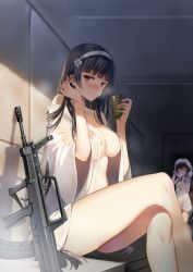 Rule 34 | 2girls, areola slip, assault rifle, bare shoulders, black hair, blunt bangs, blush, breasts, brown hair, bullpup, cleavage, closed eyes, closed mouth, collarbone, commentary request, covered erect nipples, cowboy shot, crossed legs, cup, drying, drying hair, fingernails, flower, girls&#039; frontline, gun, hair between eyes, hair down, hair flower, hair ornament, hairband, hand to head, hand up, highres, holding, holding cup, indoors, japanese clothes, jiji (381134808), kimono, large breasts, legs, long fingernails, long hair, looking at viewer, multiple girls, naked towel, navel, off shoulder, open clothes, open kimono, open towel, qbz-95, rifle, shiroshouzoku, sidelocks, sitting, smile, solo focus, standing, towel, towel on head, type 95 (girls&#039; frontline), type 97 (girls&#039; frontline), very long hair, weapon, wet, wet hair, white hairband, white kimono, white towel, wide sleeves, yellow eyes, yunomi