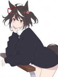 Rule 34 | 1girl, ahoge, alternate costume, animal ears, black hair, black sweater, bow, commentary, ear ornament, ear ribbon, from side, highres, horse ears, horse girl, horse tail, kitasan black (umamusume), looking to the side, multicolored hair, red eyes, red ribbon, ribbon, short hair, simple background, solo, streaked hair, sweater, tail, umamusume, wa (wamizest7), white background