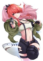 Rule 34 | 1girl, bad id, bad twitter id, bandeau, bare shoulders, black gloves, black shorts, breasts, cleavage, commentary request, fingerless gloves, gloves, green jacket, grey eyes, gun, handgun, highres, holding, holding gun, holding weapon, jacket, lain paterson, lain paterson (1st costume), long hair, long sleeves, looking at viewer, medium breasts, men ta pasudai, midriff, navel, nijisanji, off shoulder, open clothes, open fly, open jacket, parted lips, pistol, ponytail, pouch, red hair, short shorts, shorts, sidelocks, simple background, solo, stomach, strapless, stuffed animal, stuffed shark, stuffed toy, suspenders, thigh strap, thighhighs, thighs, tube top, virtual youtuber, weapon, white background