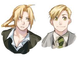 Rule 34 | 2boys, alphonse elric, bad id, bad pixiv id, black coat, blonde hair, brothers, coat, edward elric, expressionless, fullmetal alchemist, grey coat, happy, long hair, looking at another, looking at viewer, male focus, multiple boys, necktie, ponytail, shirt, short hair, siblings, simple background, smile, waistcoat, white background, white shirt, yellow eyes