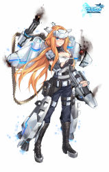 Rule 34 | 1girl, ace virgin, aircraft, airplane, blue eyes, blue pants, blush, boots, breasts, broken, cannon, cleavage cutout, clenched teeth, clothing cutout, copyright name, fhalei, full body, gun, headgear, highres, holding, holding gun, holding weapon, knee boots, large breasts, leg belt, lips, logo, long hair, long sleeves, looking at viewer, machinery, mecha musume, orange hair, pants, parted lips, simple background, solo, standing, teeth, torn clothes, very long hair, weapon, white background