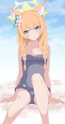 Rule 34 | 1girl, absurdres, animal ear fluff, animal ears, bare arms, bare shoulders, beach, blue archive, blue eyes, blue one-piece swimsuit, blush, braid, breasts, closed mouth, flower, frilled one-piece swimsuit, frills, halo, highres, low twin braids, mari (blue archive), one-piece swimsuit, orange hair, paw print, shoulder blades, sitting, small breasts, swimsuit, twin braids, youjinbou (lizardman730)
