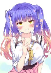 Rule 34 | 1girl, absurdres, arm at side, blue hair, blue nails, blush, bow, breasts, clothes around waist, commentary, eyelashes, eyes visible through hair, gradient hair, grin, gyaru, hair between eyes, hair over shoulder, hand up, head tilt, heart, highres, jewelry, kogal, kohibari kurumi, large breasts, long hair, long sleeves, looking at viewer, multicolored hair, nail polish, necklace, orange hair, pinky out, purunyara, school uniform, shirt, simple background, sleeves rolled up, smile, solo, straight-on, tenshi souzou re-boot!, translation request, twintails, upper body, upturned eyes, wavy hair, white background, white shirt, yellow bow, yellow eyes, yellow nails