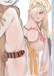 Rule 34 | 1boy, 1girl, animal ears, ass, bar censor, bare shoulders, blonde hair, blue archive, blush, breasts, censored, dark-skinned male, dark skin, detached sleeves, dh-zone, erection, fox ears, hair over one eye, hairband, halo, highres, japanese clothes, kaho (blue archive), kimono, large breasts, leg lift, leg up, long hair, mole, mole under mouth, partially visible vulva, saliva, sideboob, split, standing, standing on one leg, standing split, thick eyebrows, wide sleeves