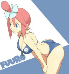Rule 34 | 10s, 1girl, ass, bare shoulders, bikini, blue bikini, blue eyes, breasts, character name, cleavage, creatures (company), curvy, game freak, gym leader, hair bun, hands on own knees, huge ass, large breasts, leaning forward, looking away, nintendo, pokemon, pokemon bw, red hair, shigino sohuzi, short hair, single hair bun, skyla (pokemon), solo, swimsuit, thick thighs, thighs